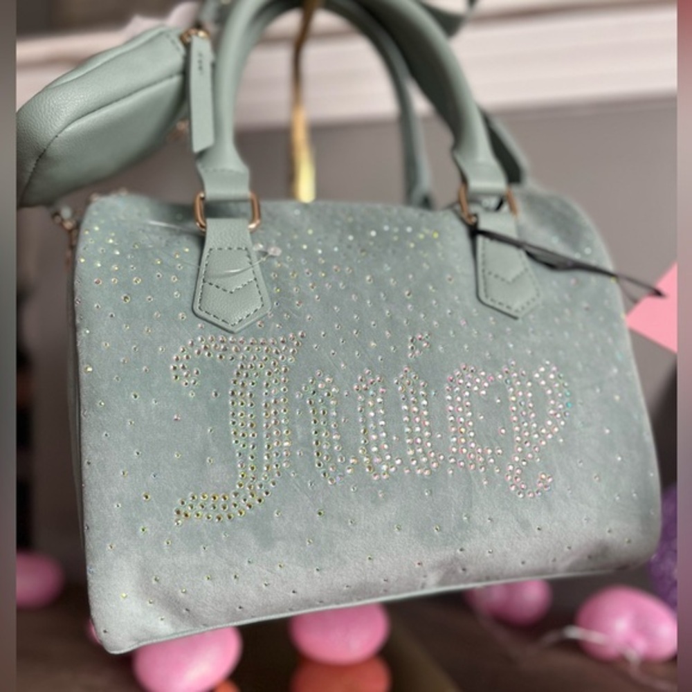 Juicy Couture Let It Shine Satchel Crossbody Cool Blue Rhinestone Logo NWT